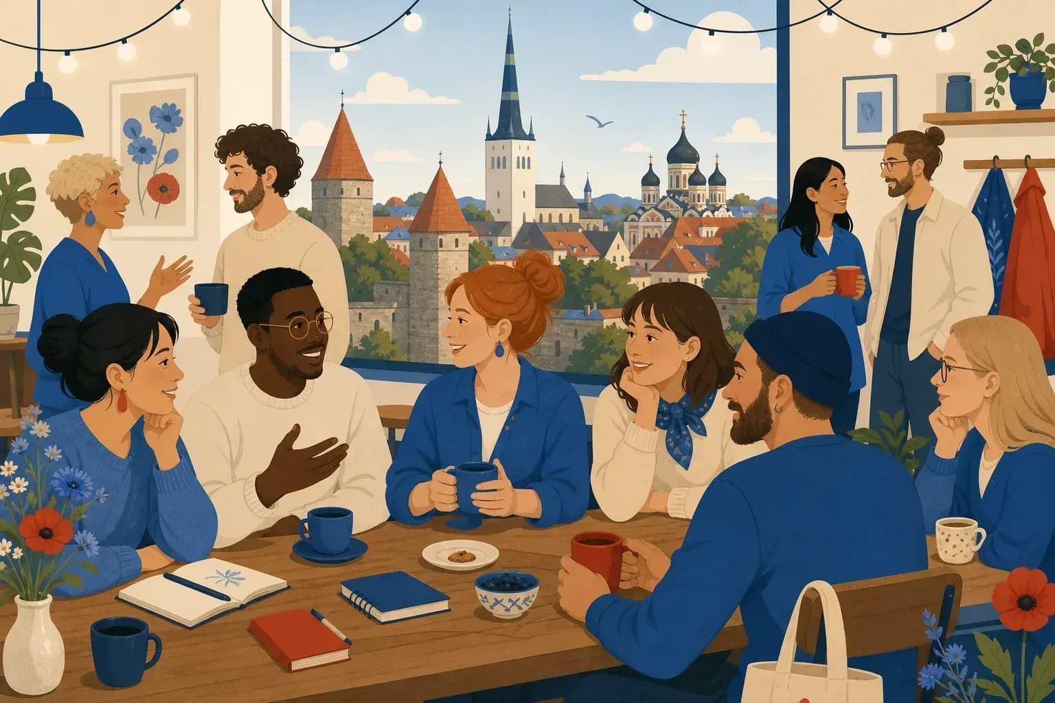 Illustrated gathering of language learners at an outdoor meetup