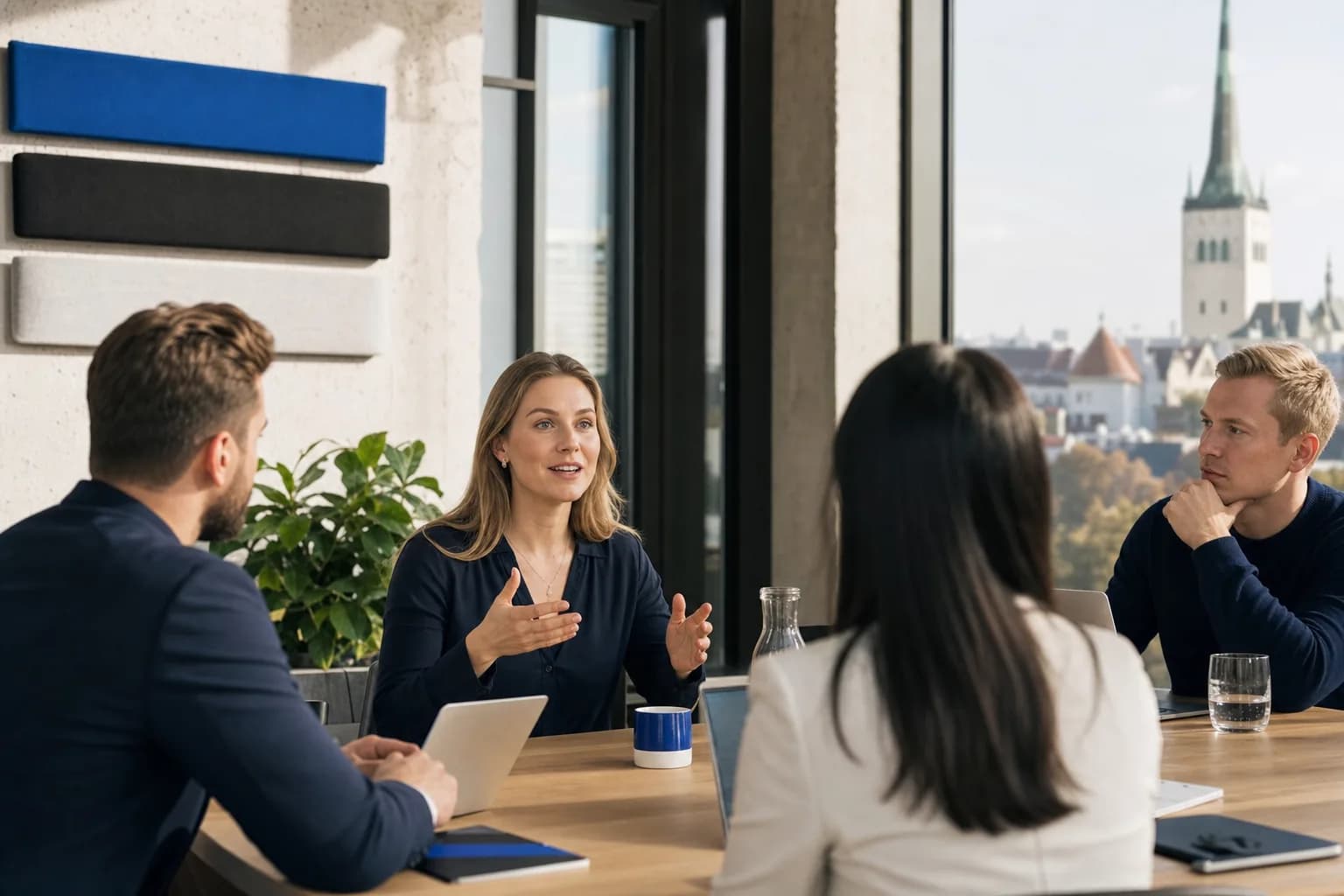 Professionals practicing Estonian together in a modern Tallinn office