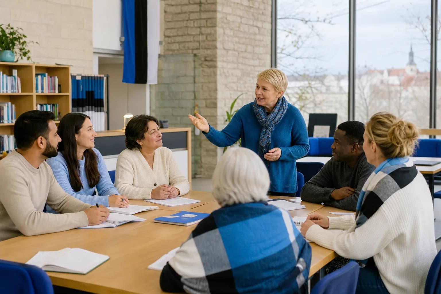 Adult learners in an Estonian integration classroom practicing conversation