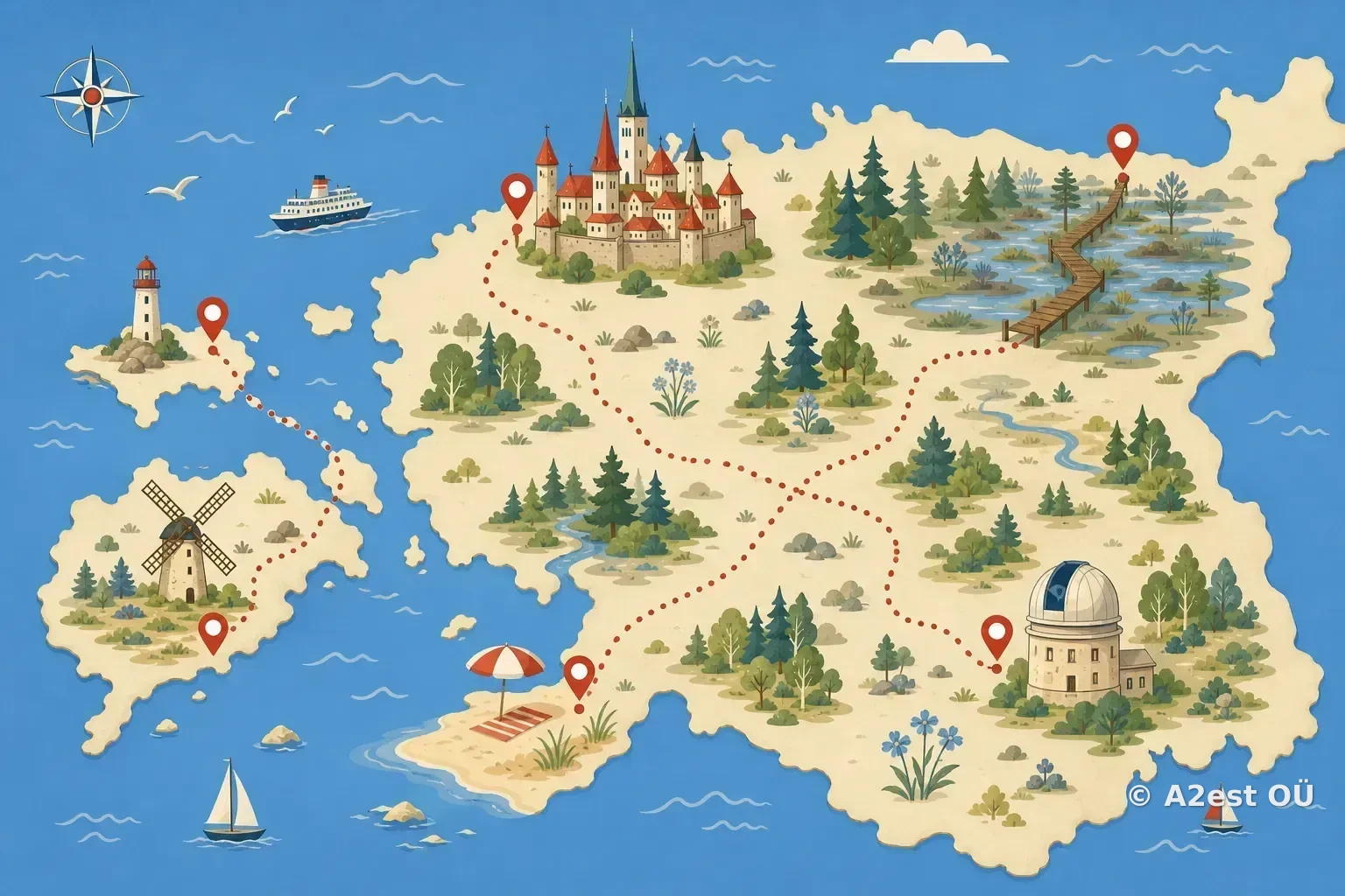 Stylized illustrated map of Estonia with journey destinations