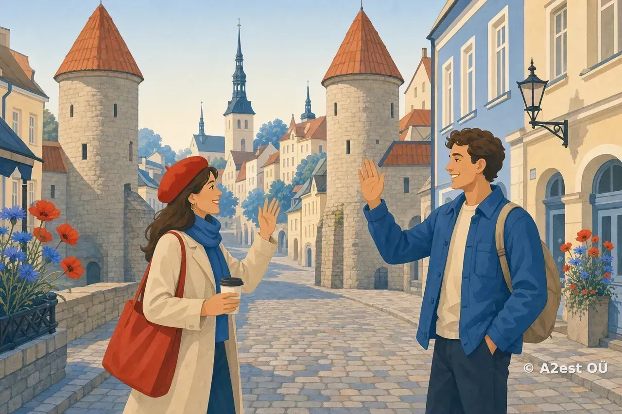 Two friends wave hello on a sunny cobblestone street in an old Estonian town.